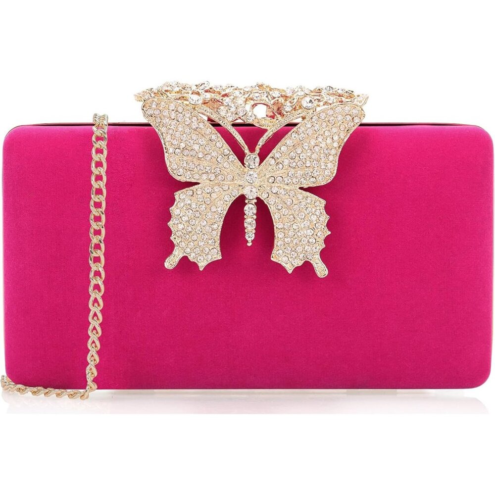 ⚡Women's Pink Velvet Fabric Butterfly Clasp Crystal Formal Party Clutch Bag